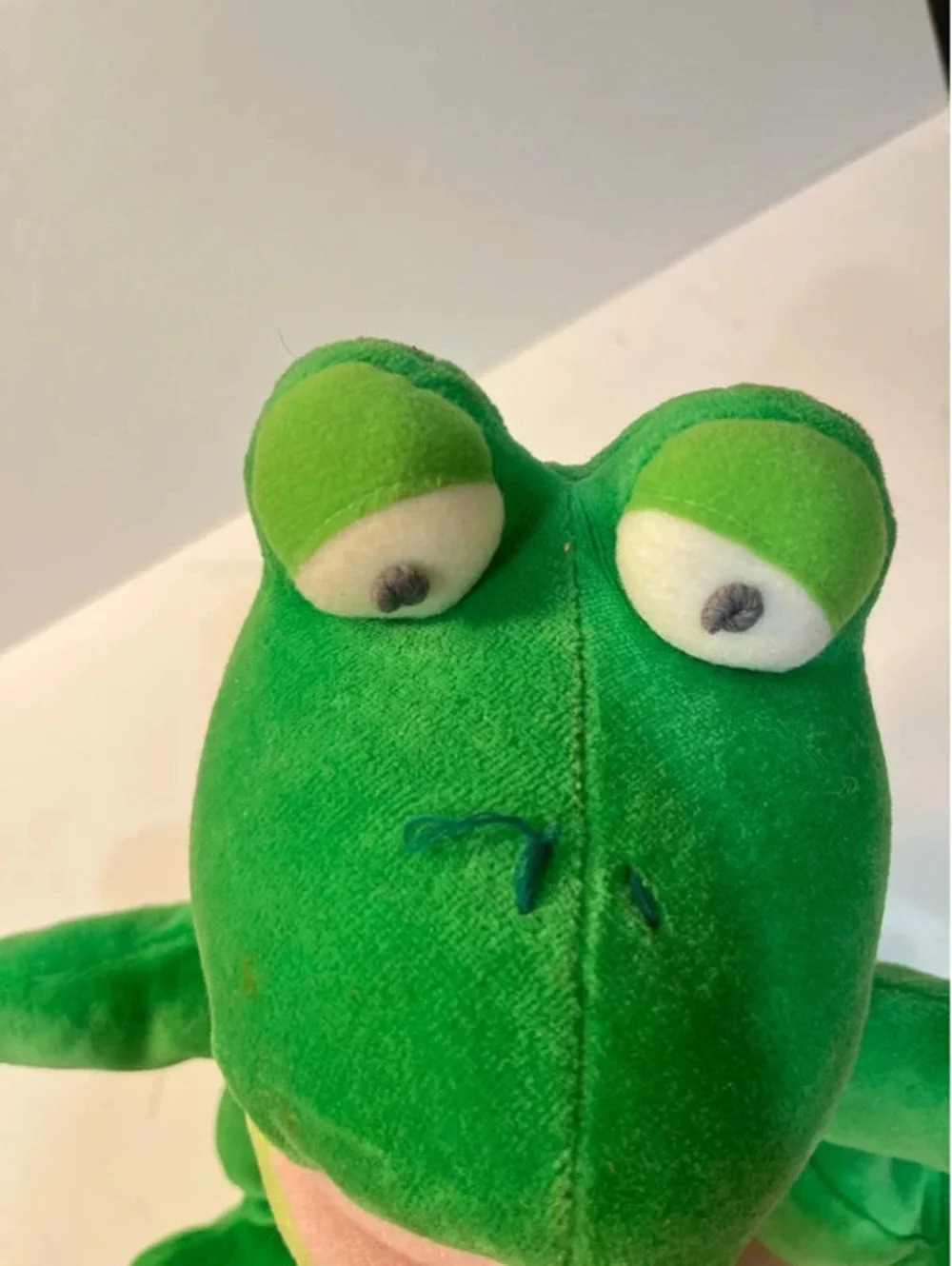 Vintage Croaker Frog Hand Puppet Plush Toy Green Pink Mouth 11” Soft Stuffy
